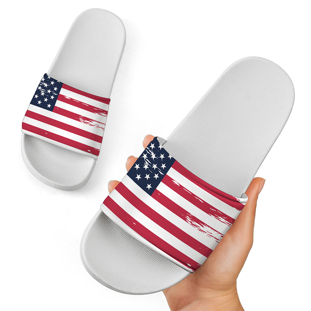 Grunge Flag Of USA Print White Slide Sandals