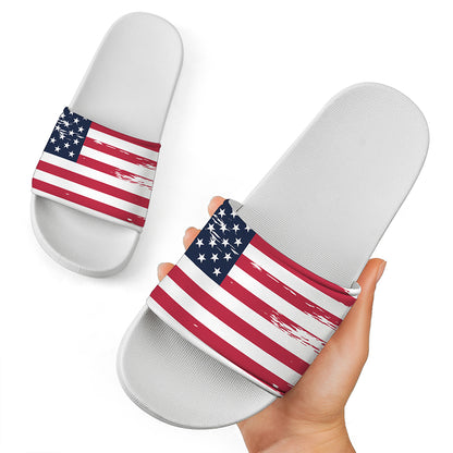 Grunge Flag Of USA Print White Slide Sandals