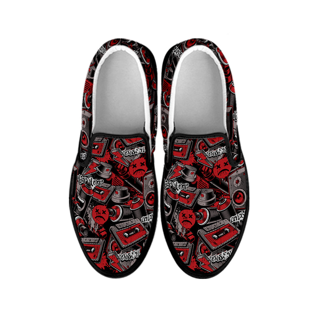 Grunge Graffiti Pattern Print Black Slip On Shoes