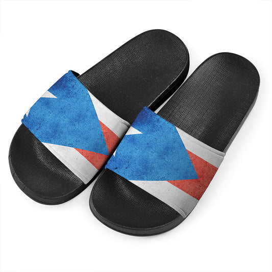Grunge Puerto Rican Flag Print Black Slide Sandals