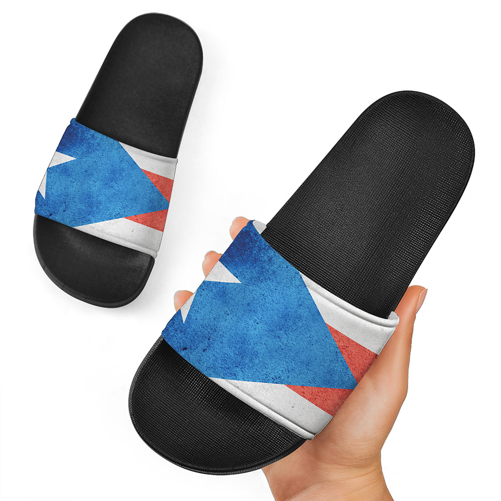 Grunge Puerto Rican Flag Print Black Slide Sandals
