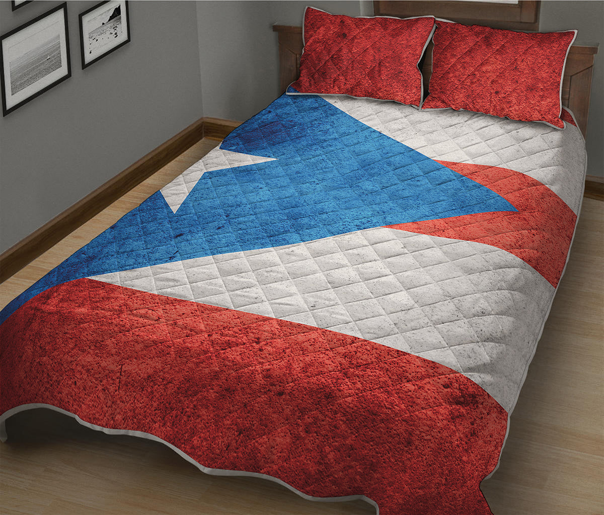 Grunge Puerto Rican Flag Print Quilt Bed Set