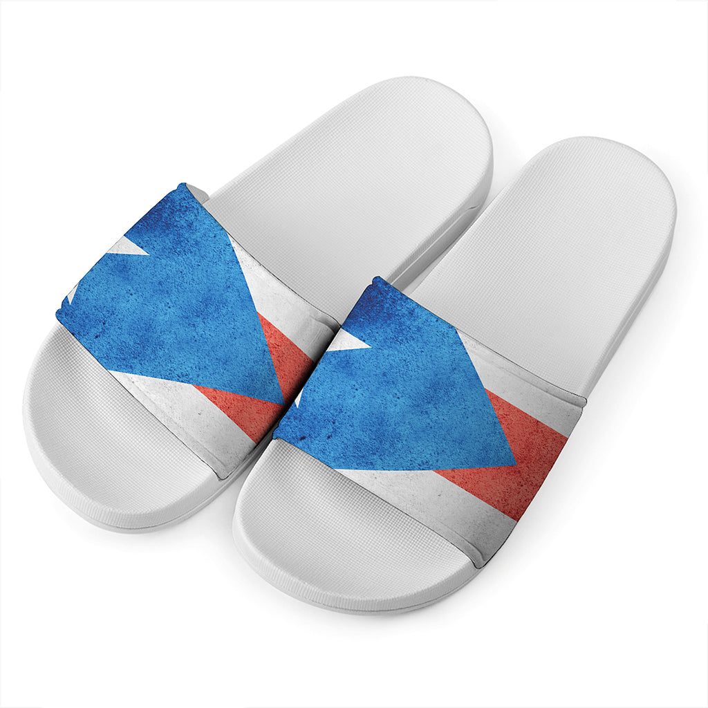 Grunge Puerto Rican Flag Print White Slide Sandals