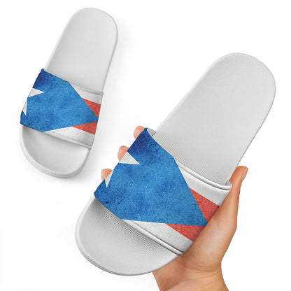 Grunge Puerto Rican Flag Print White Slide Sandals