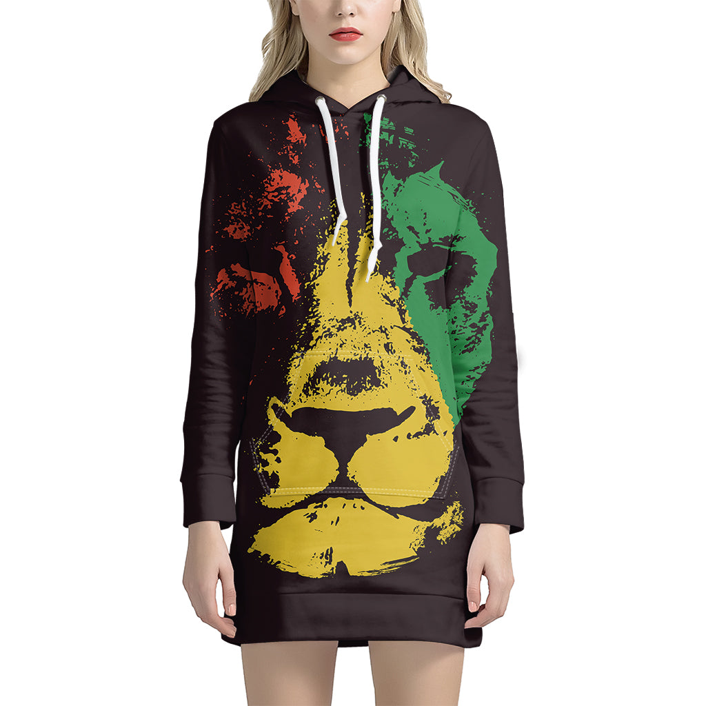 Grunge Rasta Lion Print Pullover Hoodie Dress