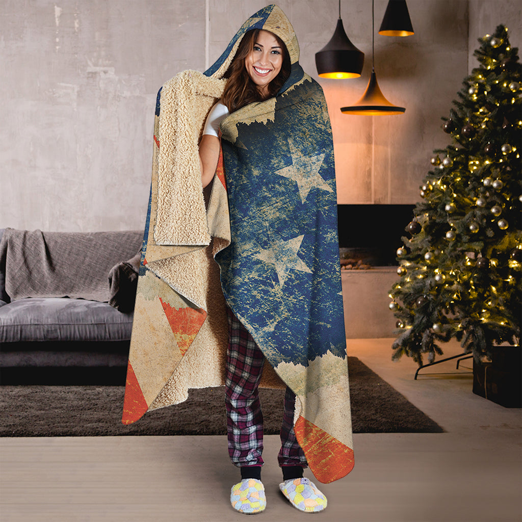 Grunge Ripped Paper American Flag Print Hooded Blanket