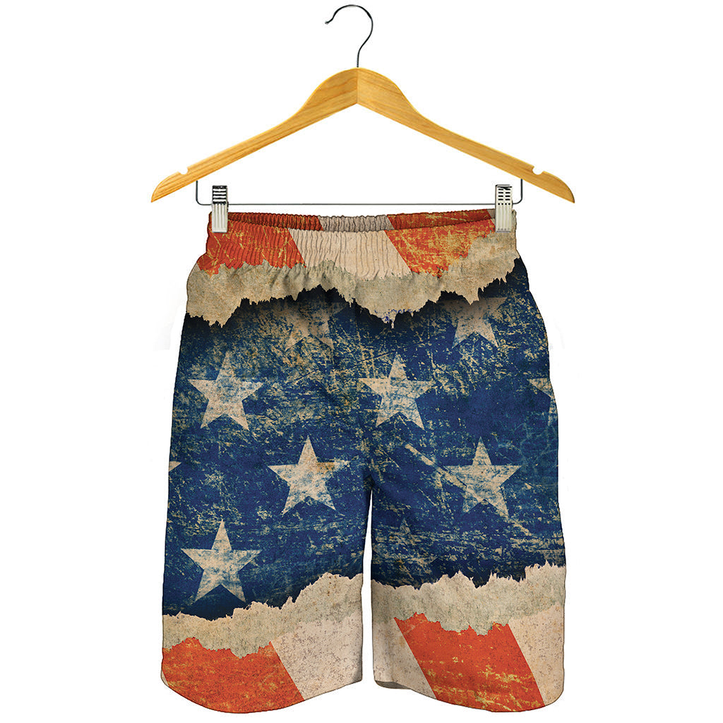 Grunge Ripped Paper American Flag Print Men's Shorts