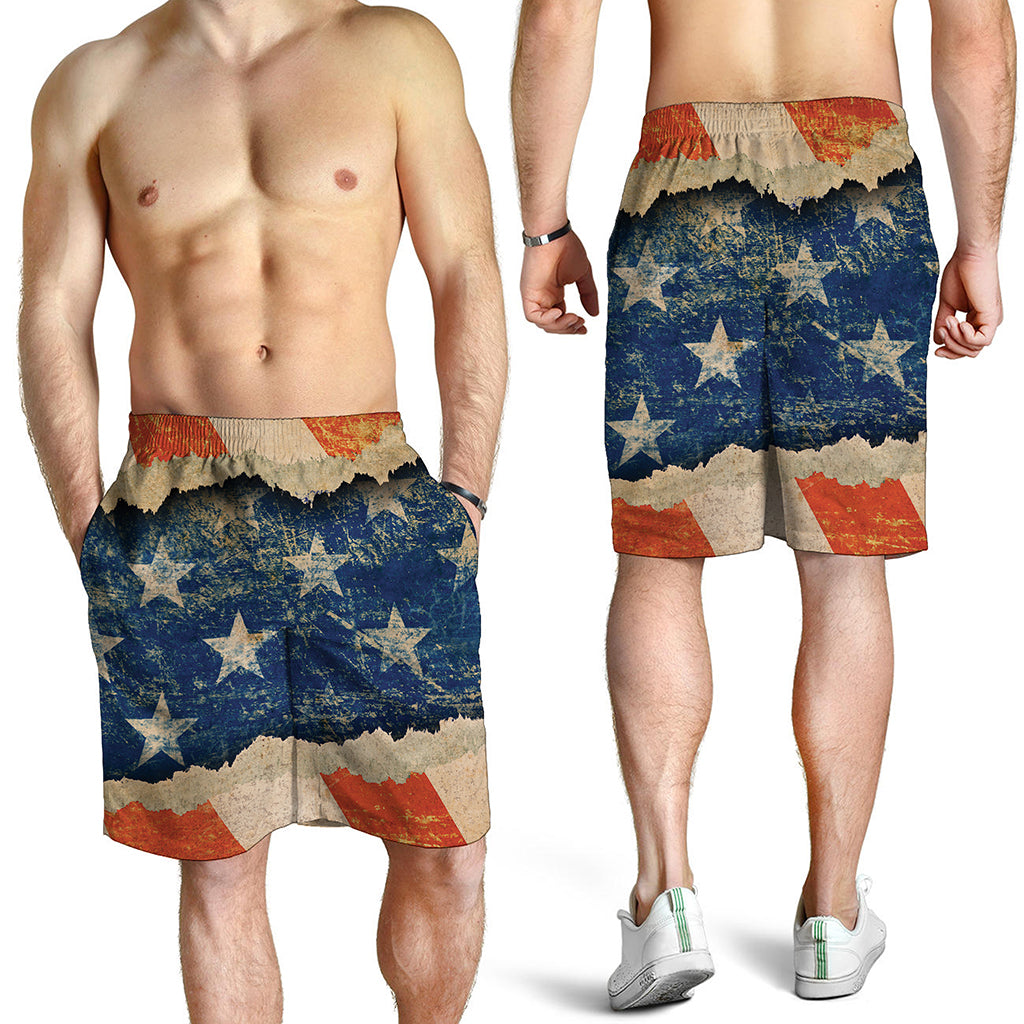 Grunge Ripped Paper American Flag Print Men's Shorts