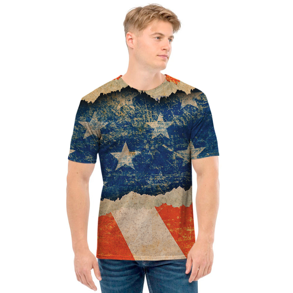 Grunge Ripped Paper American Flag Print Men's T-Shirt