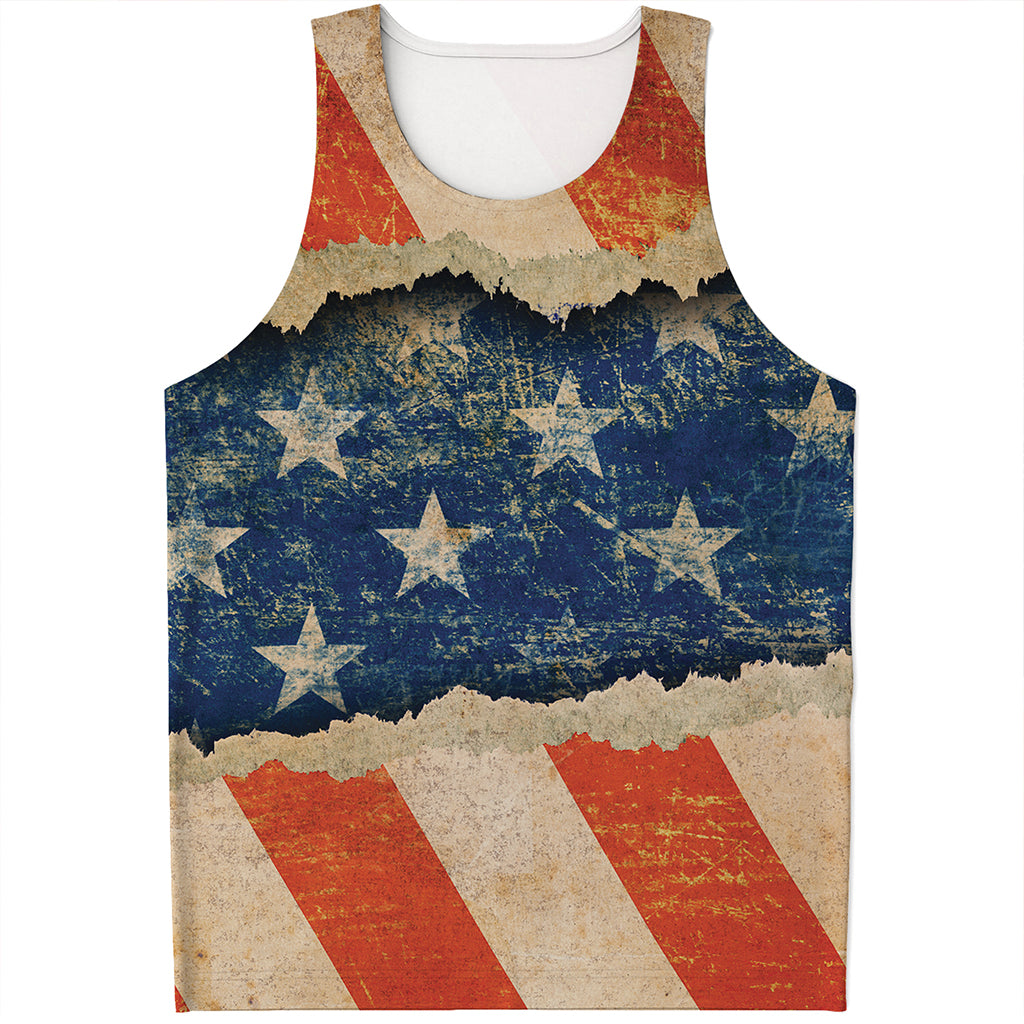 Grunge Ripped Paper American Flag Print Men's Tank Top