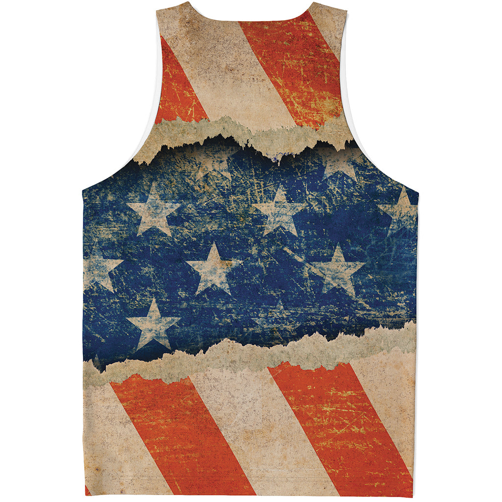 Grunge Ripped Paper American Flag Print Men's Tank Top