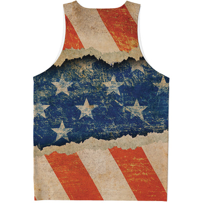 Grunge Ripped Paper American Flag Print Men's Tank Top