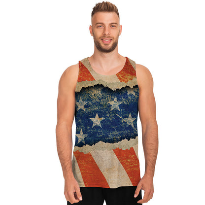 Grunge Ripped Paper American Flag Print Men's Tank Top