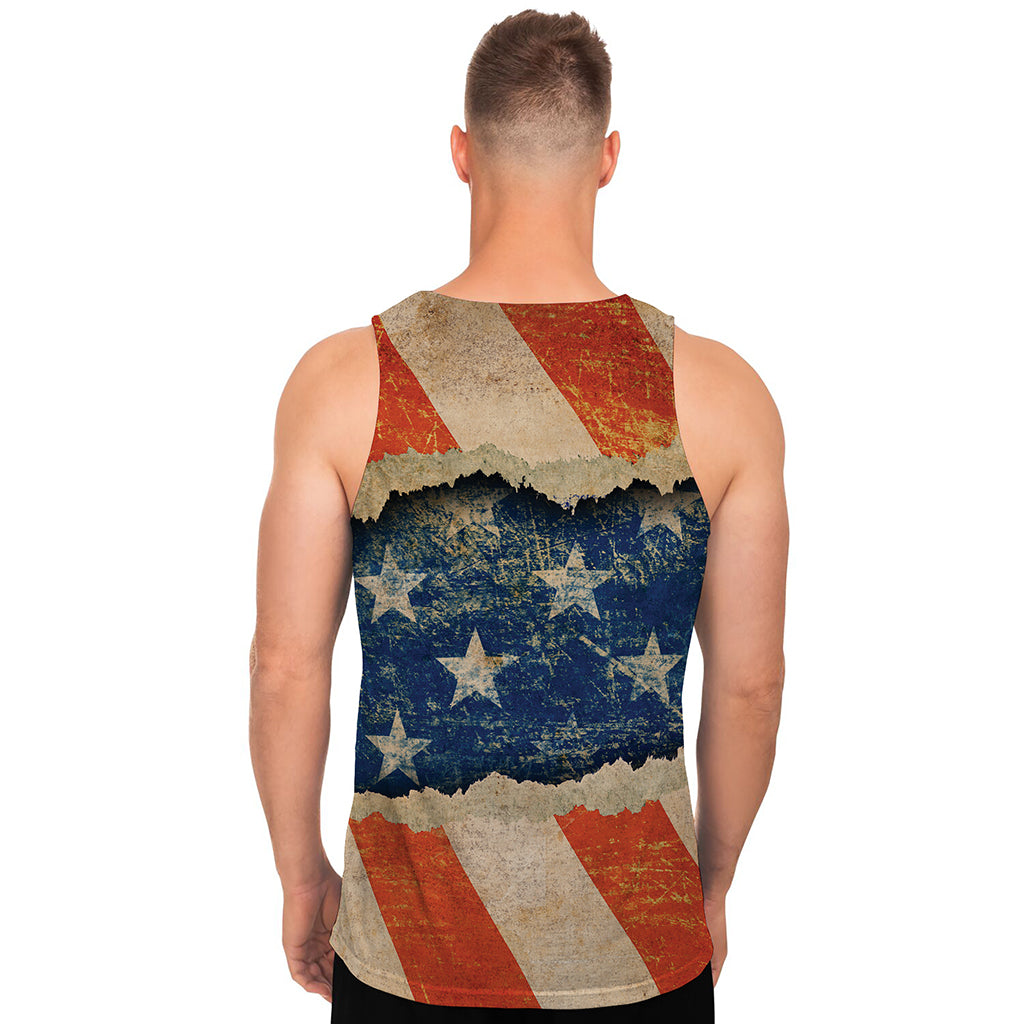 Grunge Ripped Paper American Flag Print Men's Tank Top
