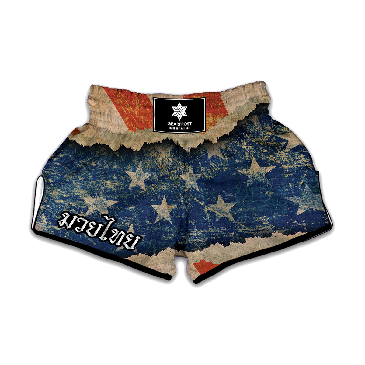Grunge Ripped Paper American Flag Print Muay Thai Boxing Shorts