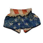 Grunge Ripped Paper American Flag Print Muay Thai Boxing Shorts