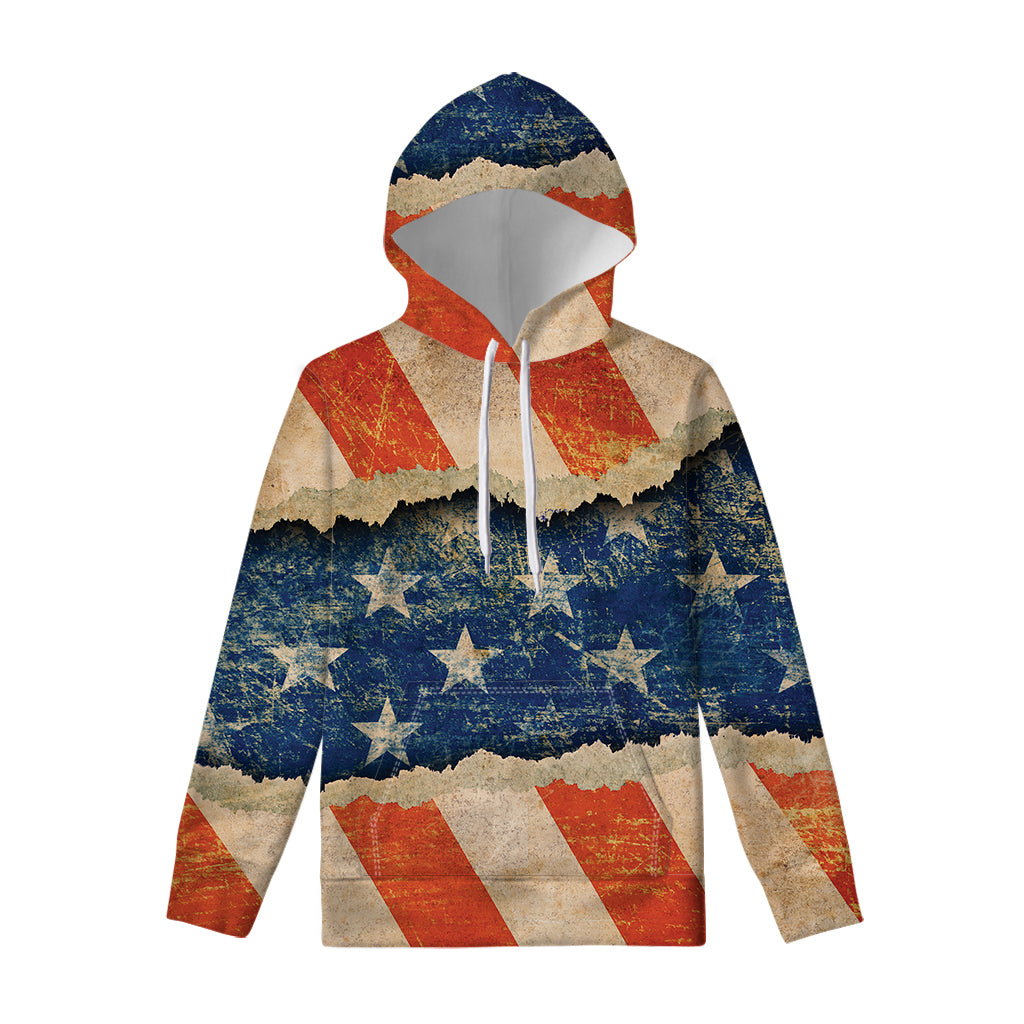 Grunge Ripped Paper American Flag Print Pullover Hoodie