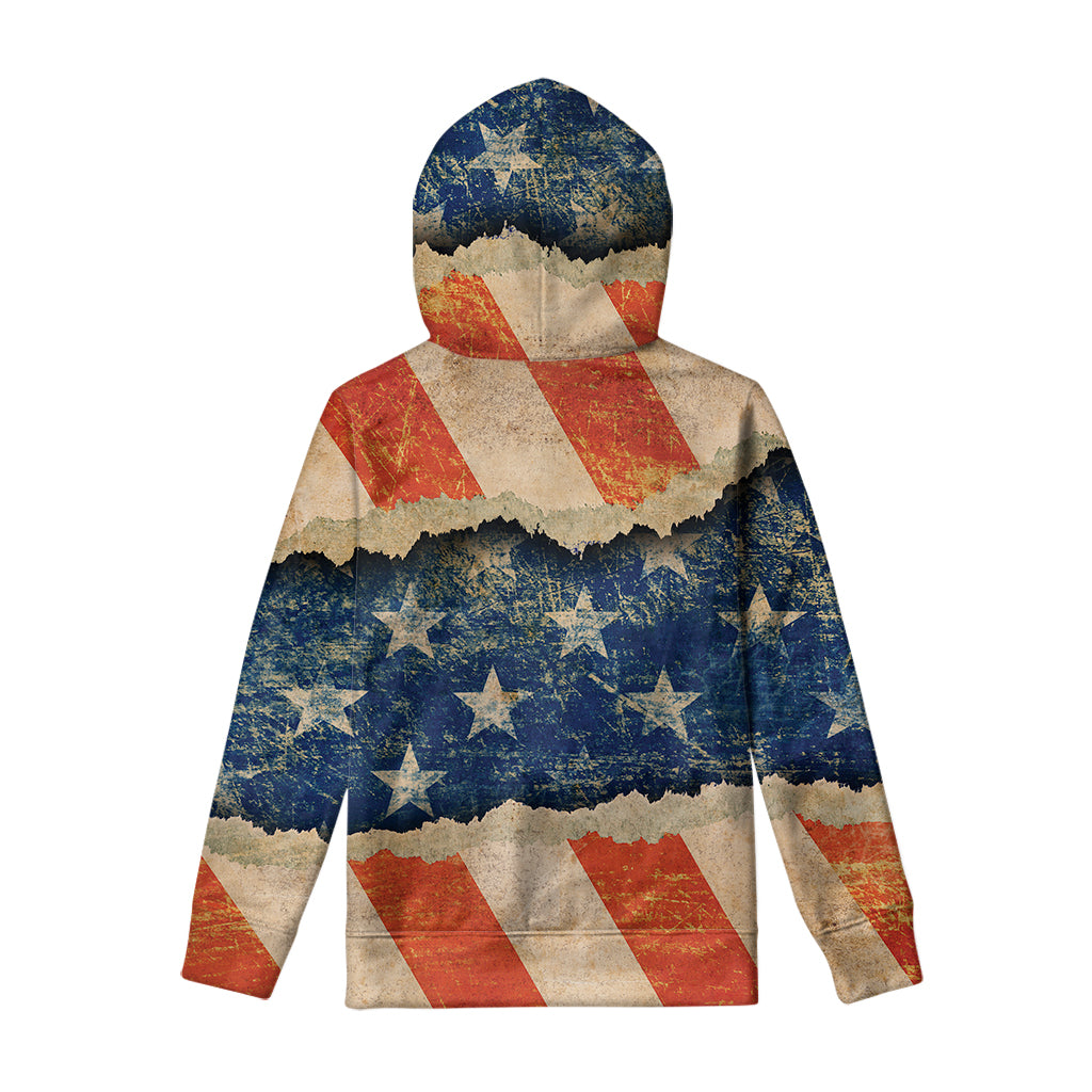 Grunge Ripped Paper American Flag Print Pullover Hoodie