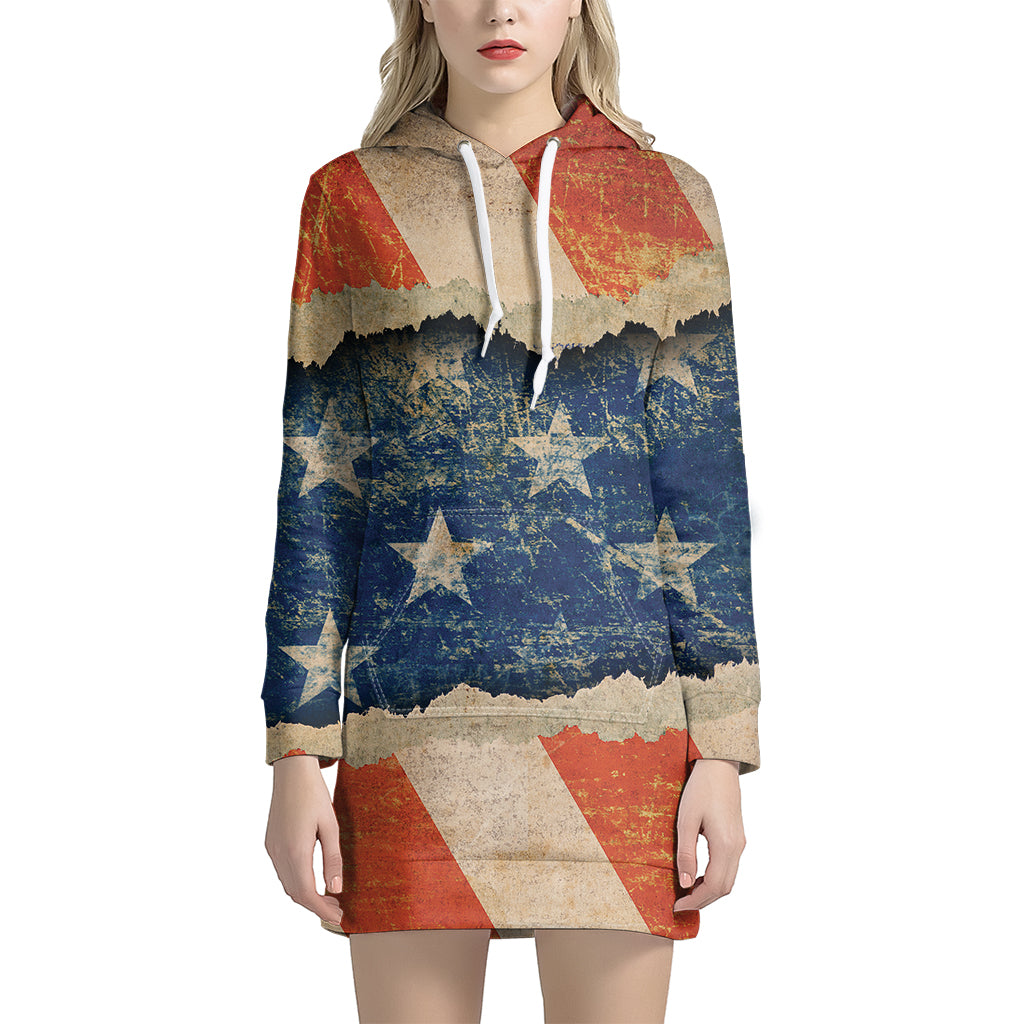 Grunge Ripped Paper American Flag Print Pullover Hoodie Dress