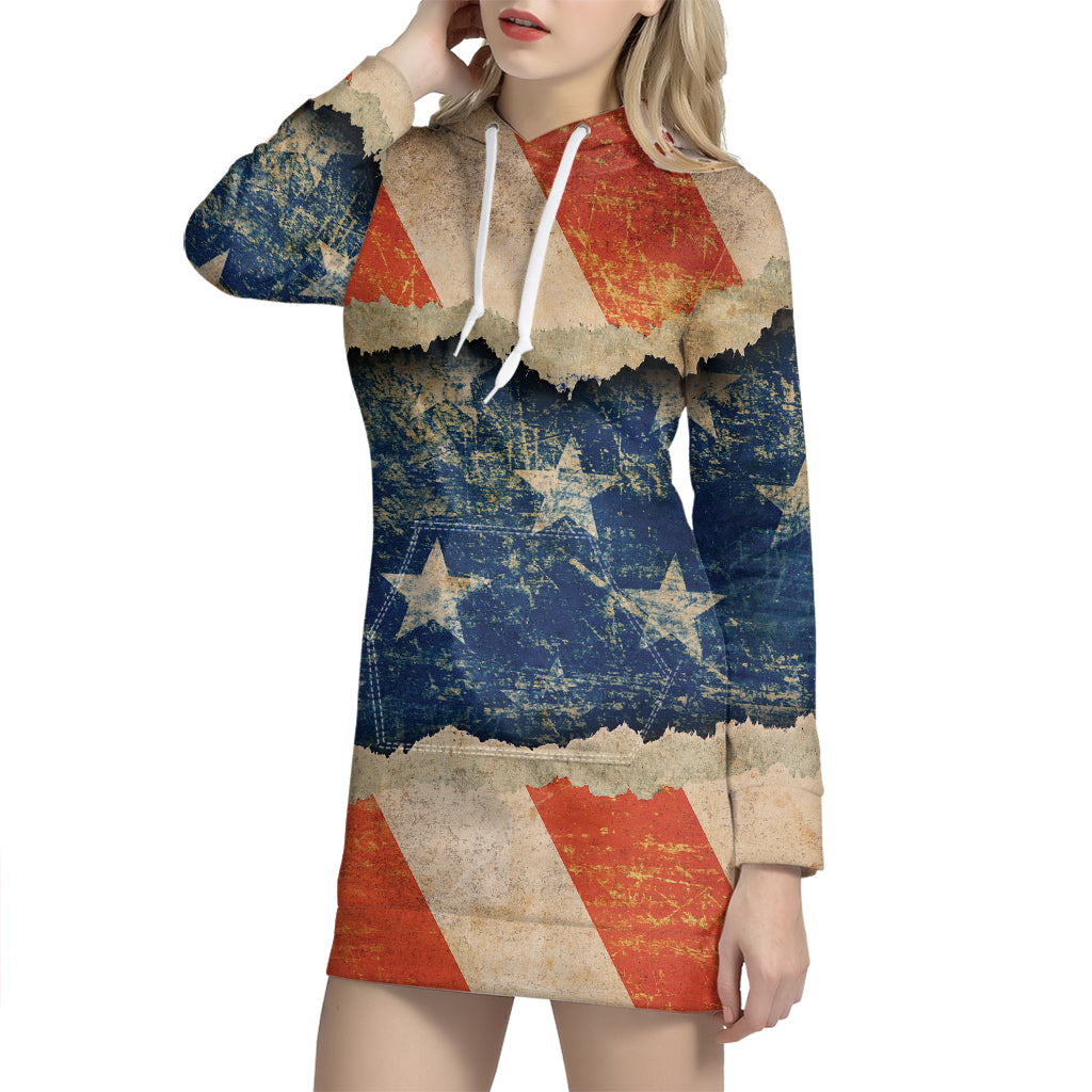 Grunge Ripped Paper American Flag Print Pullover Hoodie Dress