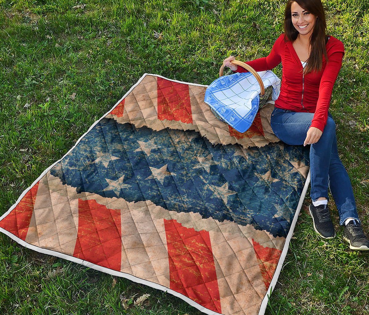 Grunge Ripped Paper American Flag Print Quilt