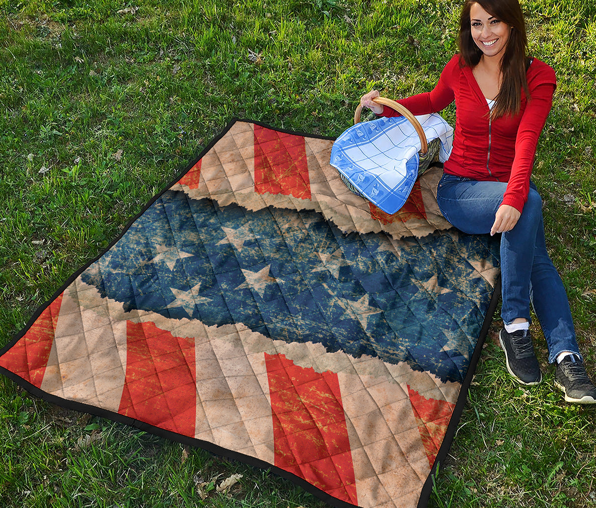 Grunge Ripped Paper American Flag Print Quilt