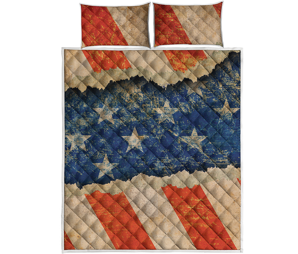 Grunge Ripped Paper American Flag Print Quilt Bed Set
