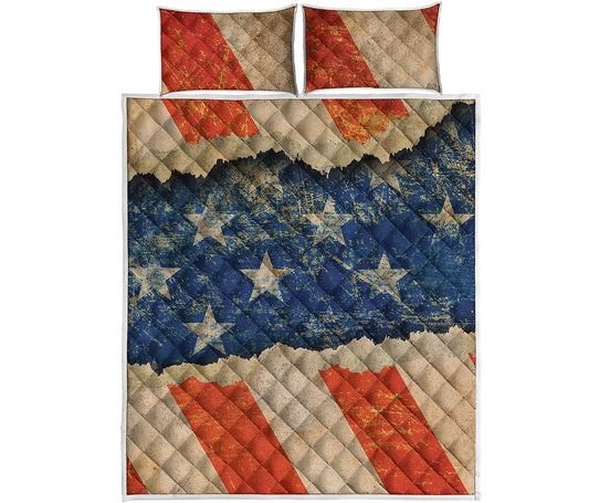 Grunge Ripped Paper American Flag Print Quilt Bed Set