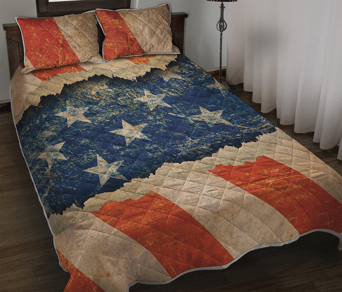 Grunge Ripped Paper American Flag Print Quilt Bed Set