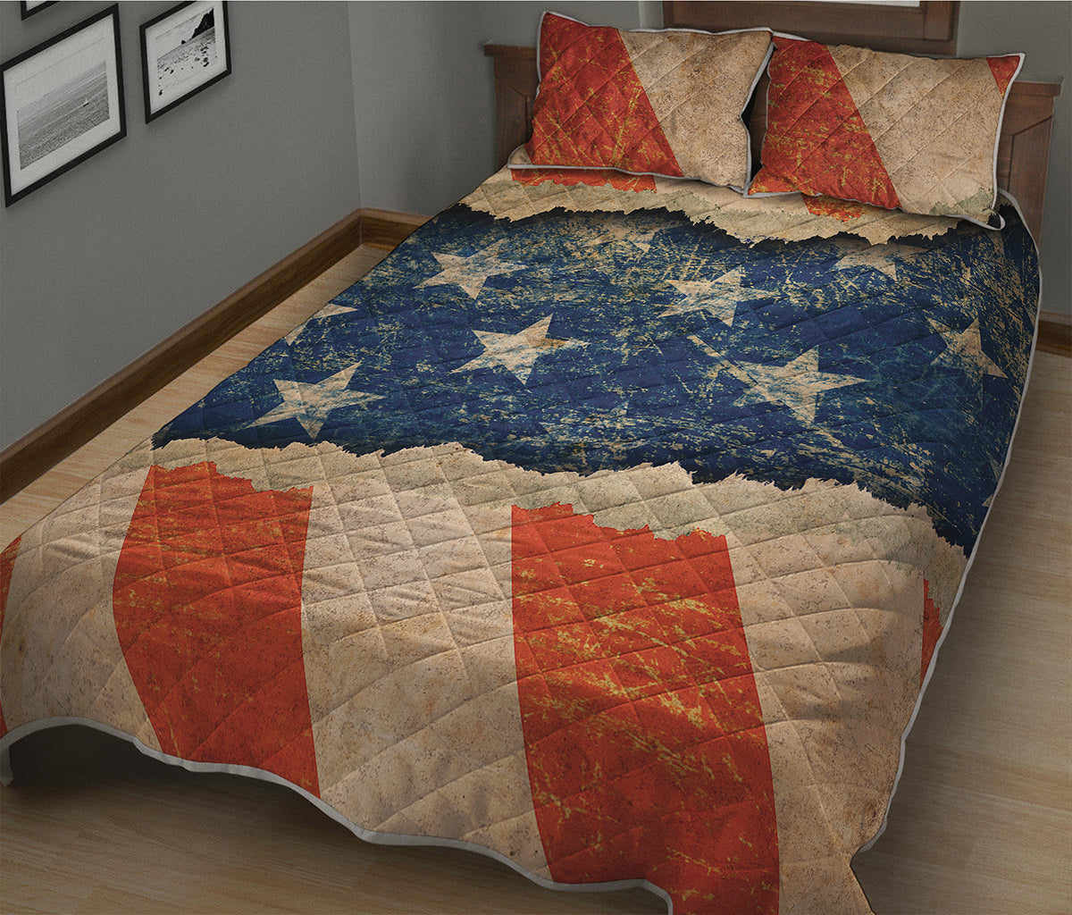 Grunge Ripped Paper American Flag Print Quilt Bed Set