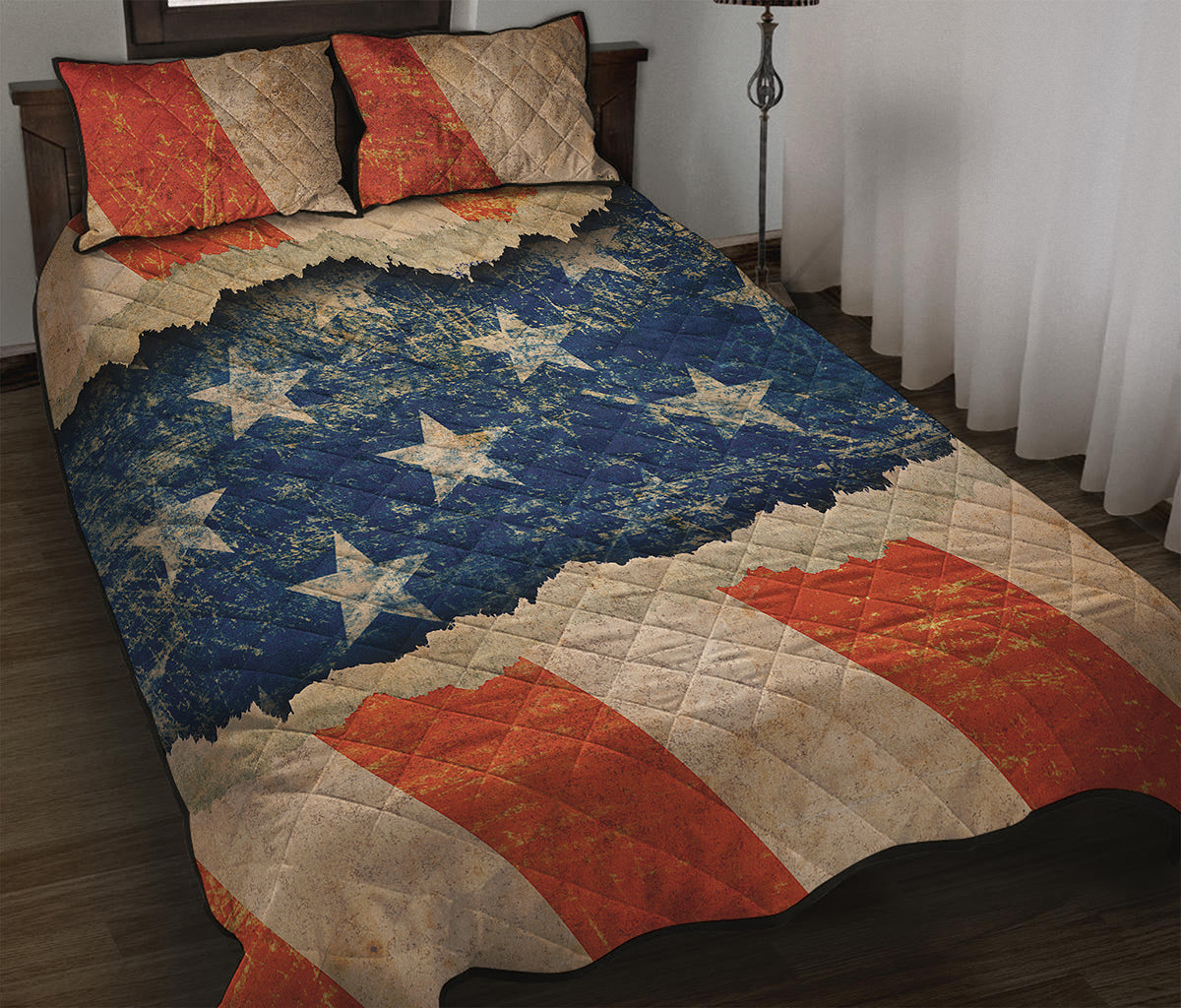 Grunge Ripped Paper American Flag Print Quilt Bed Set