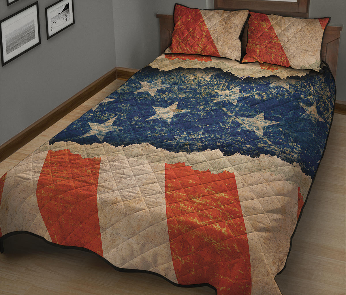 Grunge Ripped Paper American Flag Print Quilt Bed Set