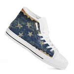 Grunge Ripped Paper American Flag Print White High Top Shoes