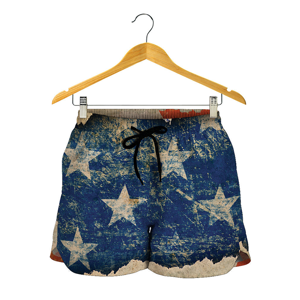 Grunge Ripped Paper American Flag Print Women's Shorts