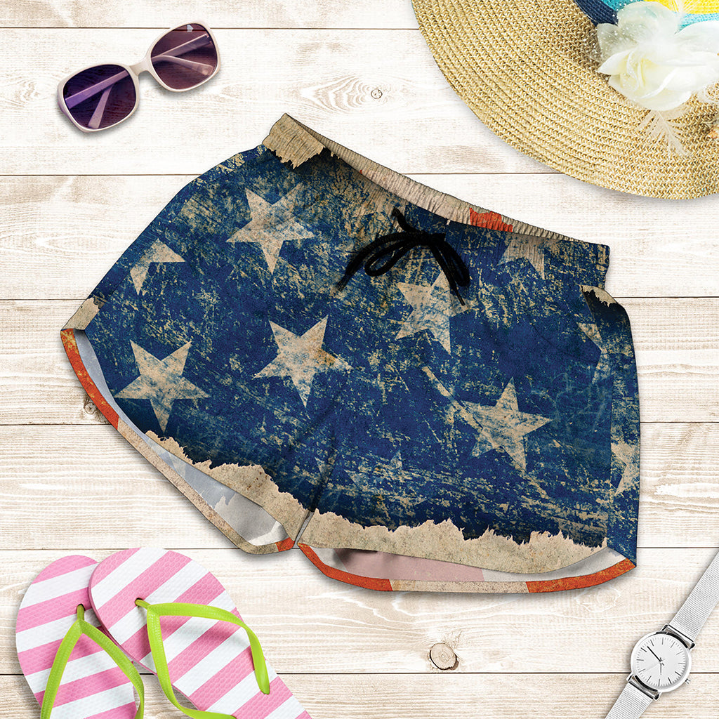 Grunge Ripped Paper American Flag Print Women's Shorts