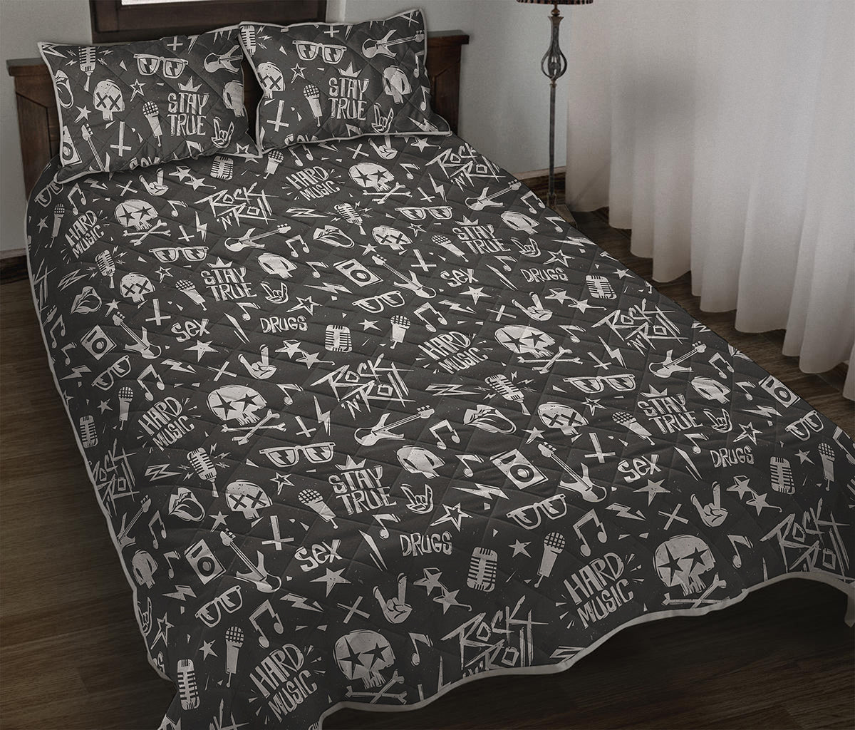 Grunge Rock And Roll Pattern Print Quilt Bed Set