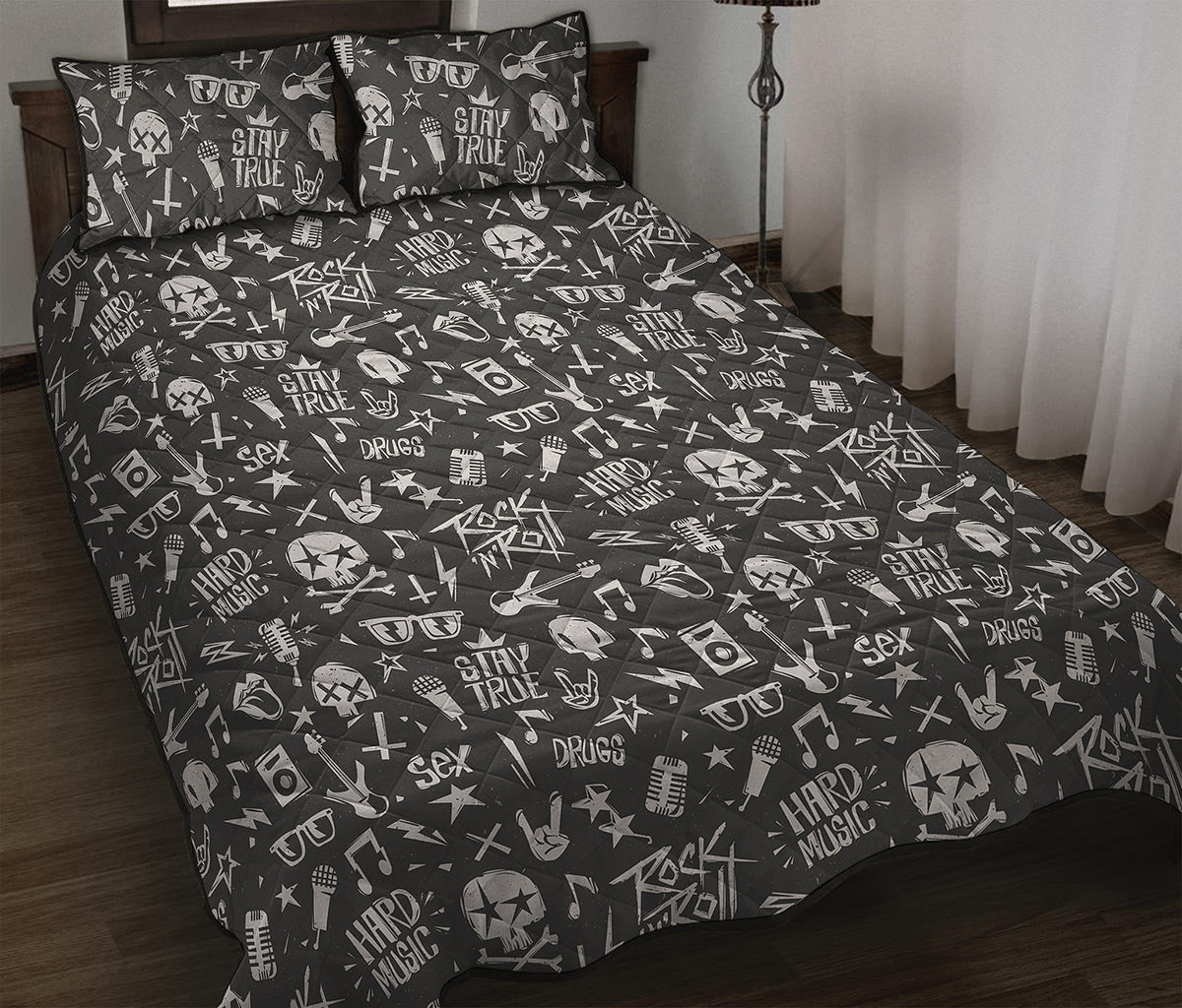 Grunge Rock And Roll Pattern Print Quilt Bed Set