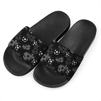Grunge Soccer Ball Pattern Print Black Slide Sandals