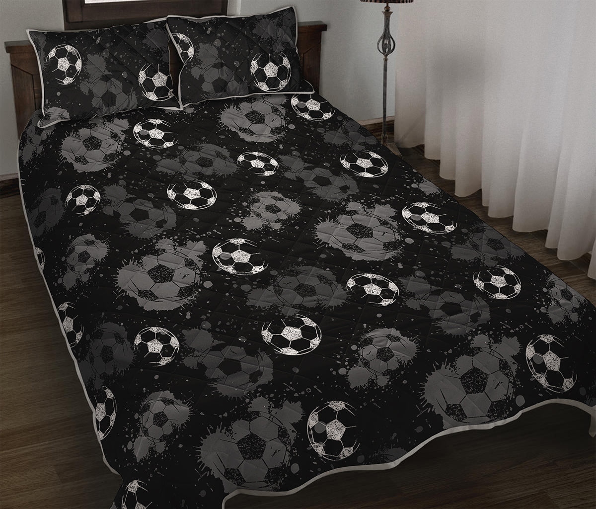 Grunge Soccer Ball Pattern Print Quilt Bed Set