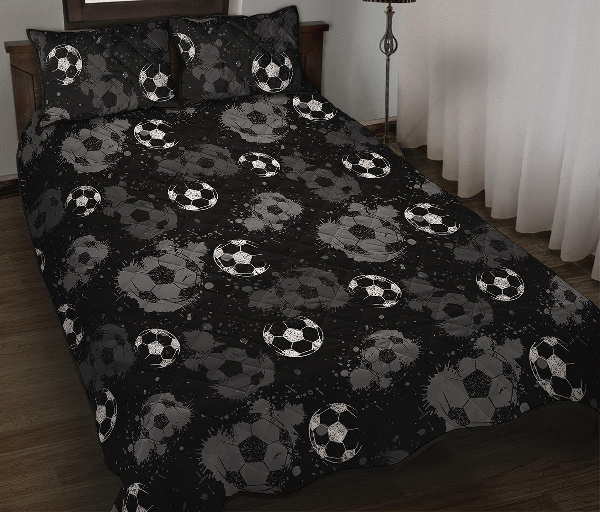 Grunge Soccer Ball Pattern Print Quilt Bed Set