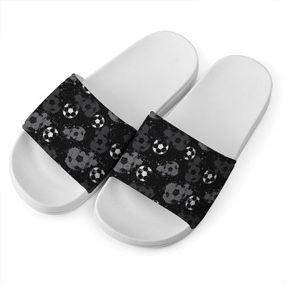 Grunge Soccer Ball Pattern Print White Slide Sandals