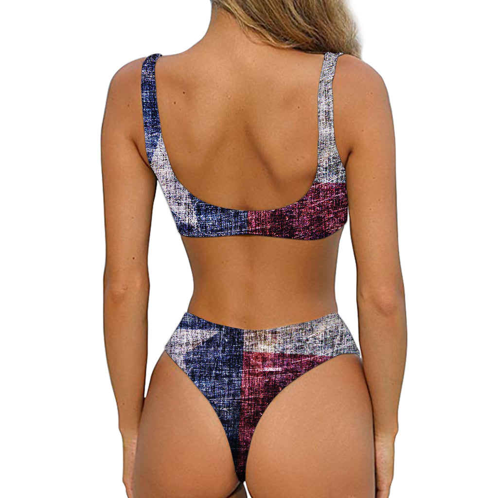 Grunge Texas Flag Print Front Bow Tie Bikini