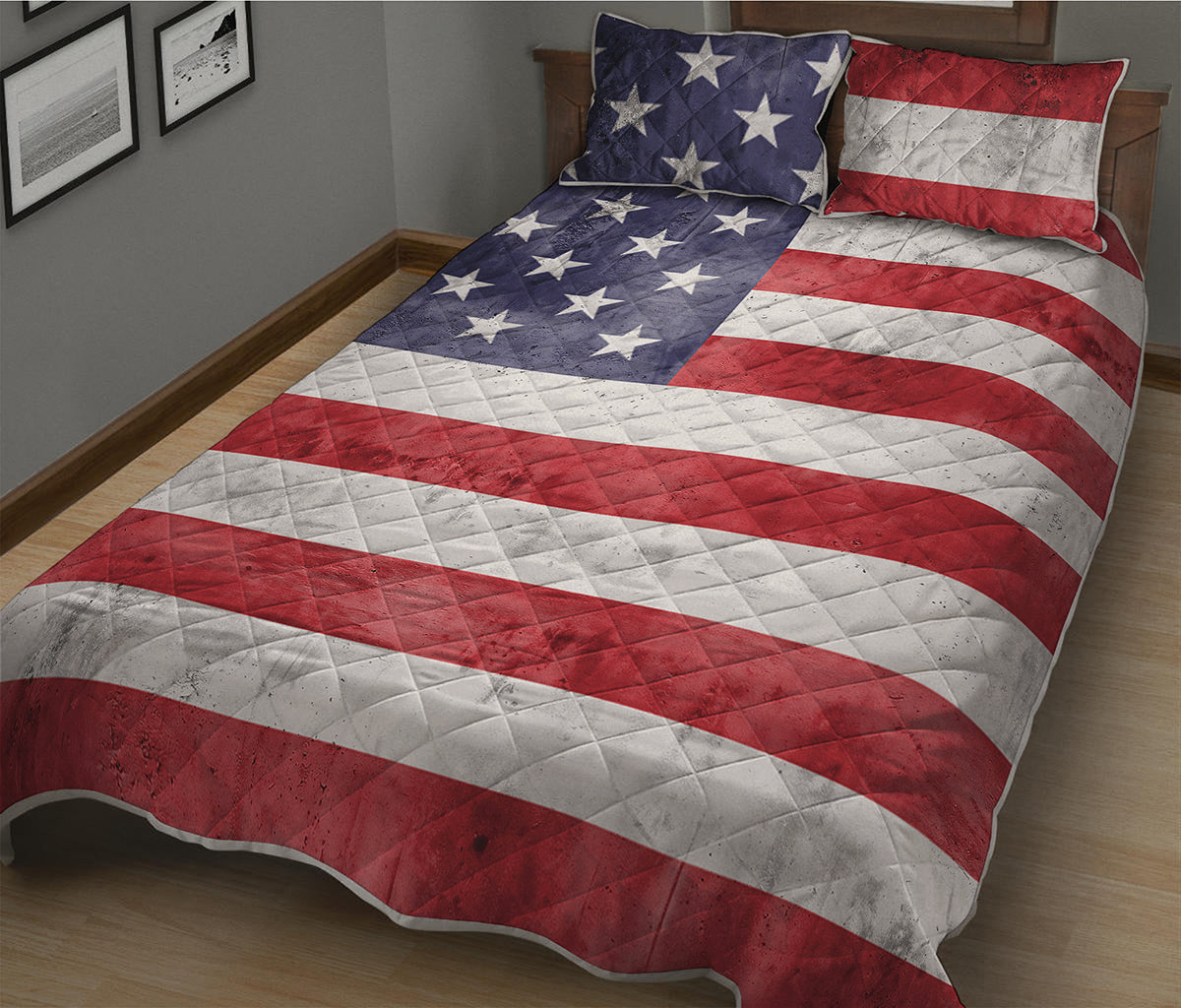 Grunge USA Flag Print Quilt Bed Set
