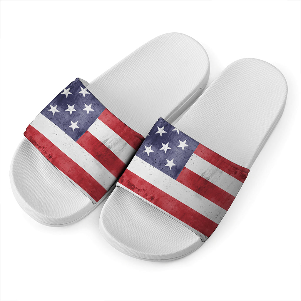Grunge USA Flag Print White Slide Sandals