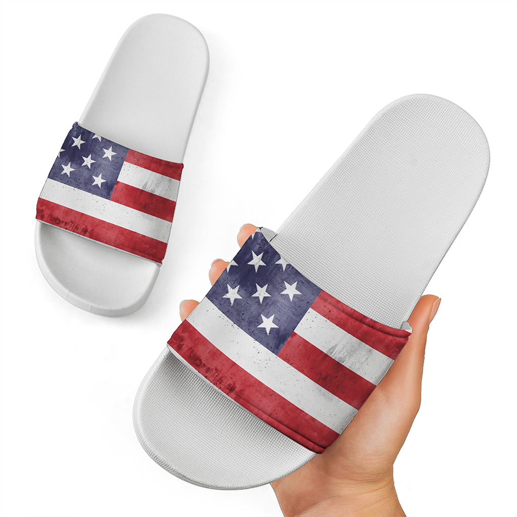 Grunge USA Flag Print White Slide Sandals