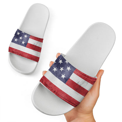 Grunge USA Flag Print White Slide Sandals