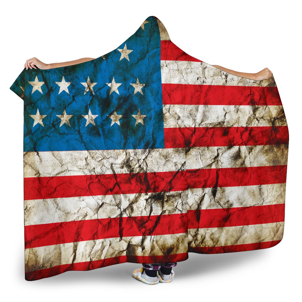 Grunge Wrinkled American Flag Patriotic Hooded Blanket GearFrost