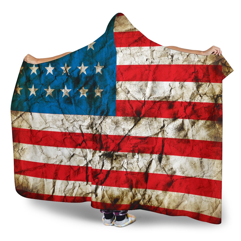 Grunge Wrinkled American Flag Patriotic Hooded Blanket GearFrost