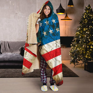 Grunge Wrinkled American Flag Patriotic Hooded Blanket GearFrost