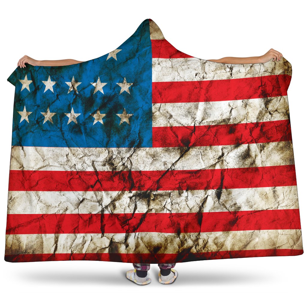 Grunge Wrinkled American Flag Patriotic Hooded Blanket GearFrost